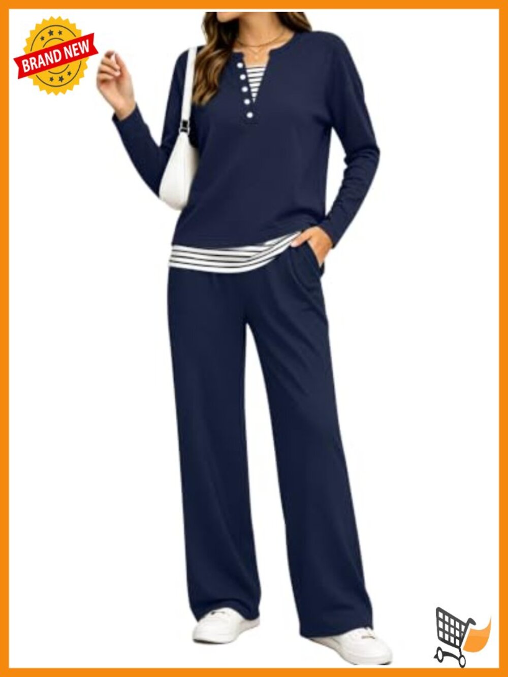 Womens Faux Two-Piece Lounge Set Long Sleeve Top Wide Leg Pants Pockets